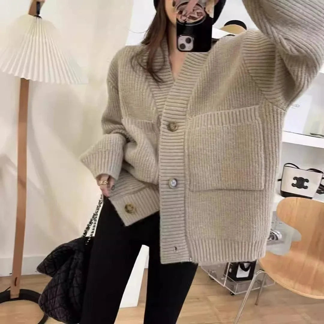 2024 Spring  woman long sleeve classic V-neck middle length cardigan high quality sweater coat