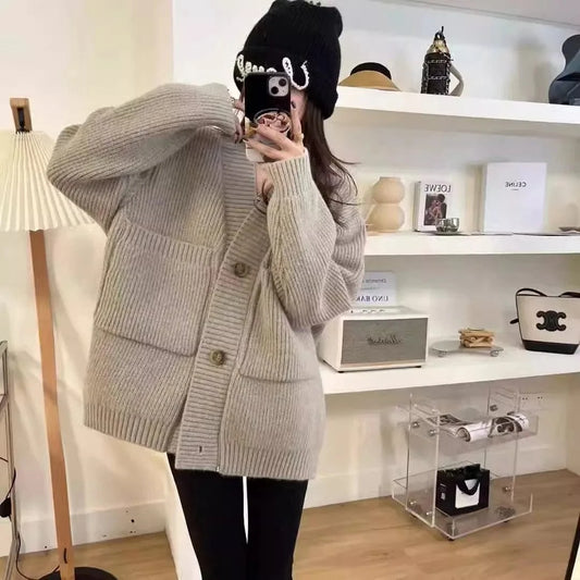 2024 Spring  woman long sleeve classic V-neck middle length cardigan high quality sweater coat