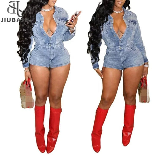 2024 Spring Women Denim Playsuits High Stretch Pockets Turn Down Collar Long Sleeve Single Breasted Shorts Rompers