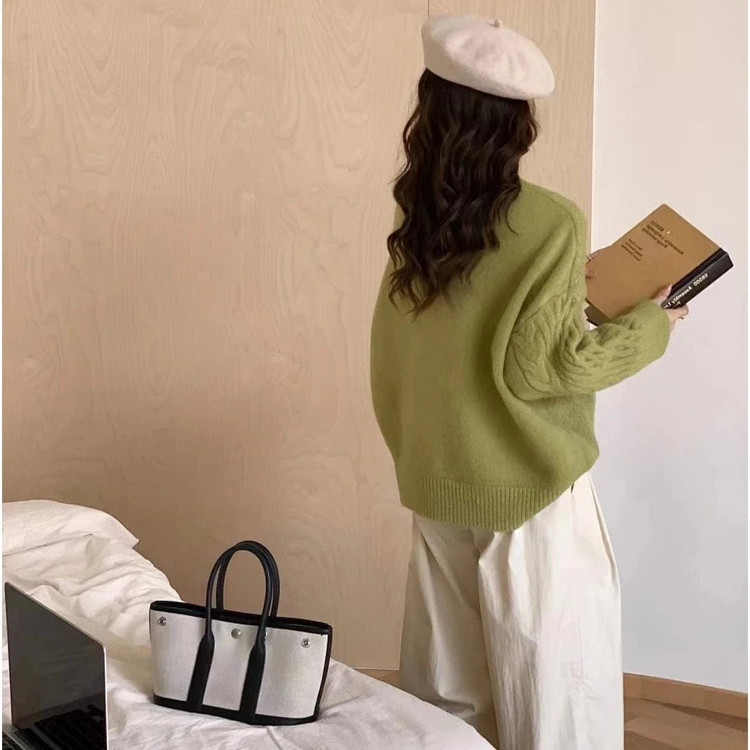 2024 Spring women high quality crew neck solid color long sleeve oversize cable knit pullover sweater jumper