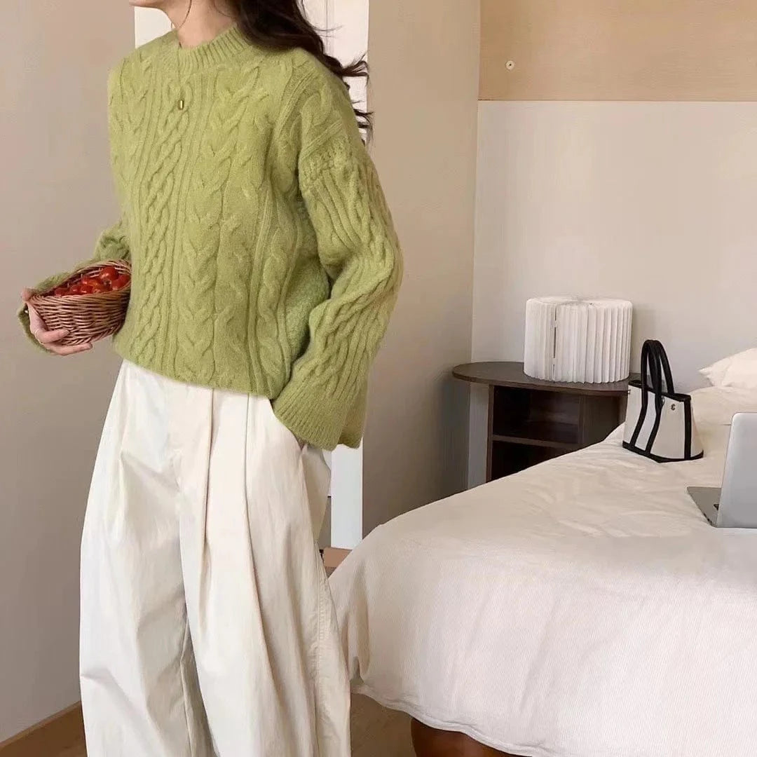 2024 Spring women high quality crew neck solid color long sleeve oversize cable knit pullover sweater jumper