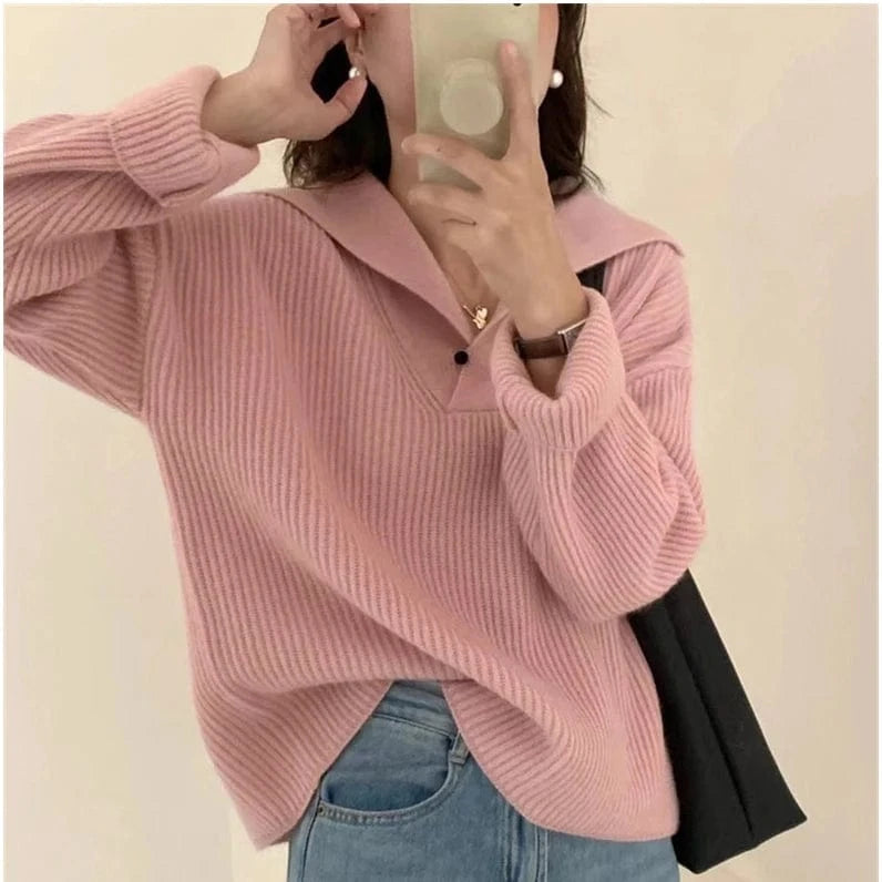 2024 Spring women new arrival big turn-down neck long sleeve loose cable knit jumper sweater pullover