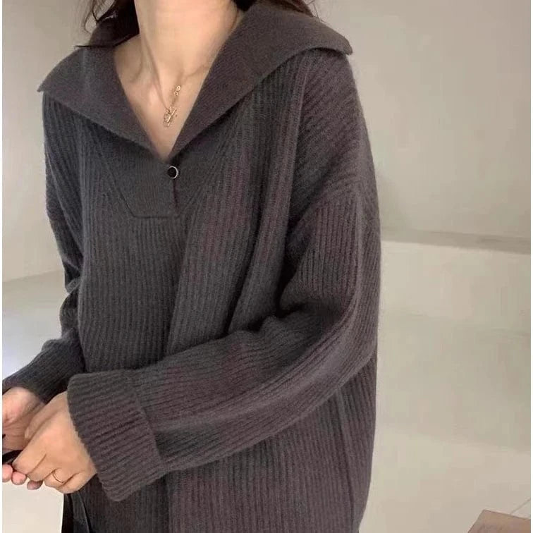 2024 Spring women new arrival big turn-down neck long sleeve loose cable knit jumper sweater pullover