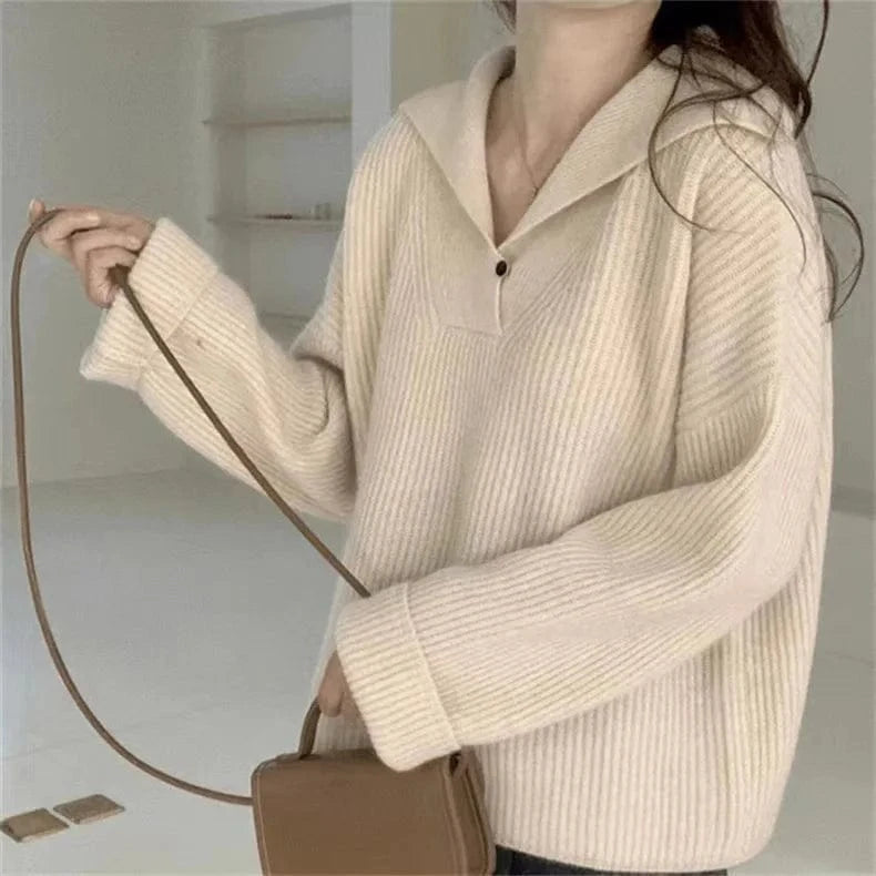 2024 Spring women new arrival big turn-down neck long sleeve loose cable knit jumper sweater pullover