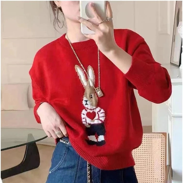 2024 Spring women new arrival crew neck long sleeve cartoon animal jacquard  sweater jumper