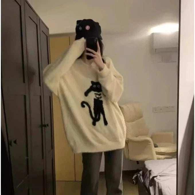 2024 Spring women new arrival crew neck long sleeve cartoon cat animal jacquard soft sweater jumper