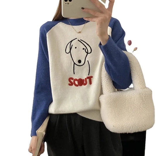 2024 Spring women new arrival crew neck long sleeve cartoon dog animal jacquard  sweater jumper