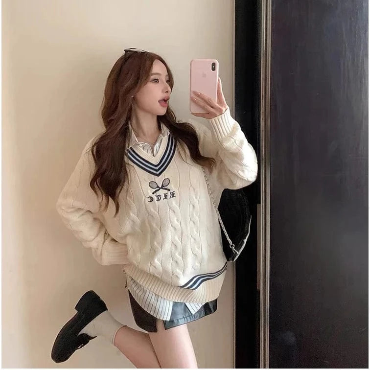 2024 Spring women new arrival crew neck long sleeve loose print cable knit pullover sweater jumper
