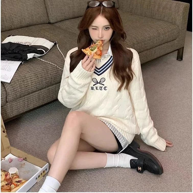 2024 Spring women new arrival crew neck long sleeve loose print cable knit pullover sweater jumper