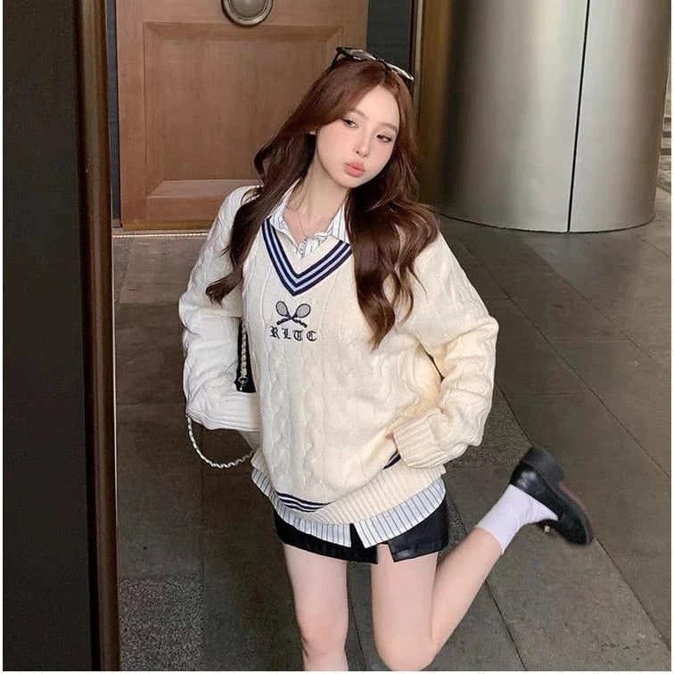 2024 Spring women new arrival crew neck long sleeve loose print cable knit pullover sweater jumper