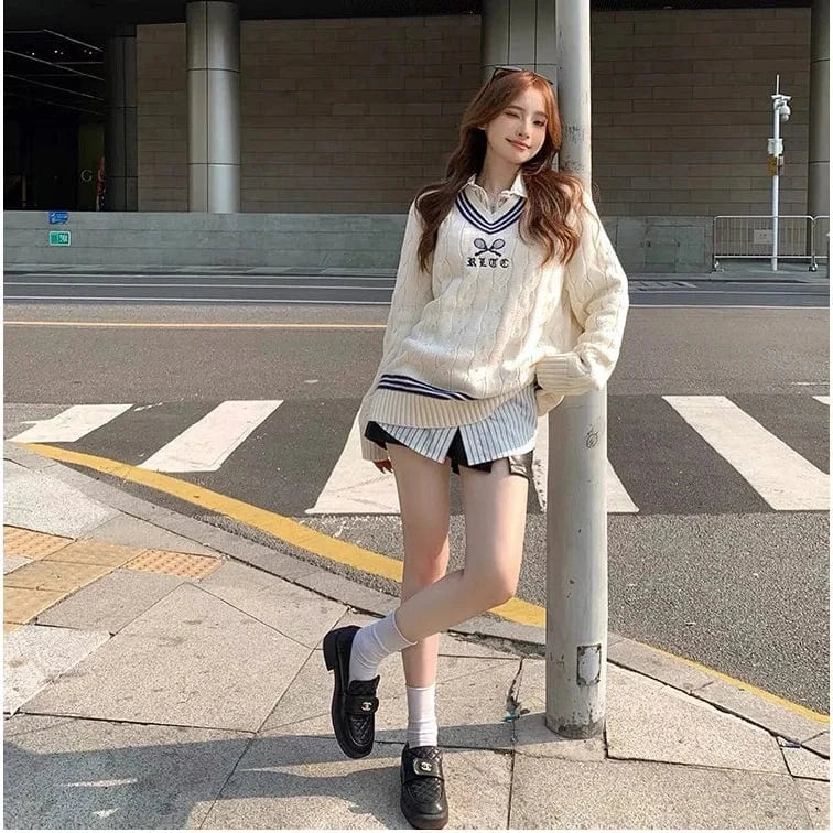 2024 Spring women new arrival crew neck long sleeve loose print cable knit pullover sweater jumper
