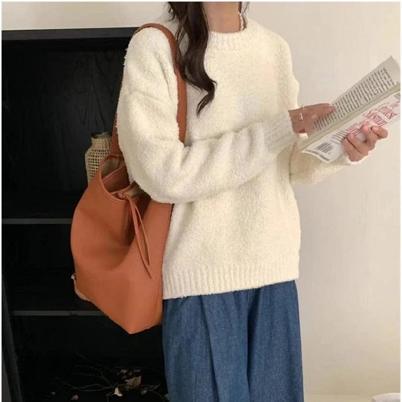 2024 Spring women new arrival crew neck long sleeve loose soft cable knit pullover sweater jumper