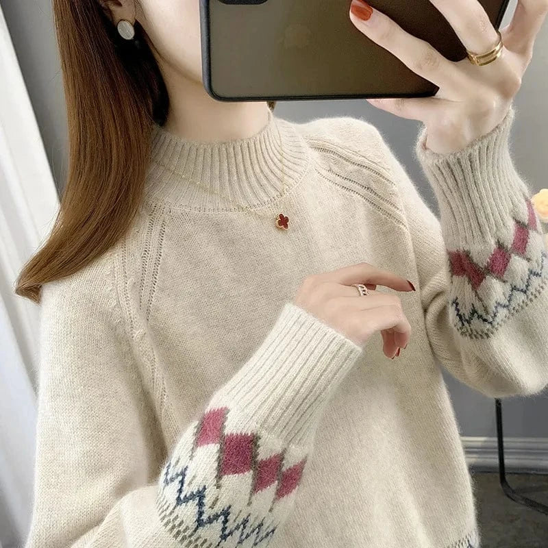 2024 Spring women new arrival crew neck Smiling face Jacquard raglan sleeve oversize lady sweater pullover