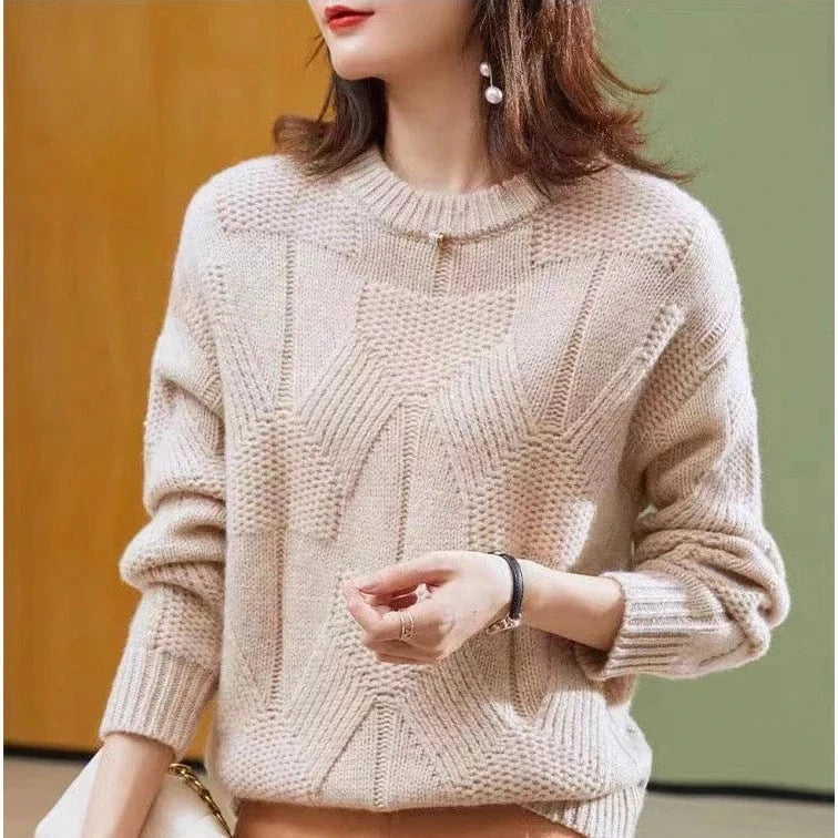 2024 Spring women new arrival crew neck solid color long sleeve oversize cable knit pullover sweater jumper