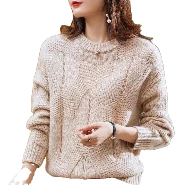 2024 Spring women new arrival crew neck solid color long sleeve oversize cable knit pullover sweater jumper
