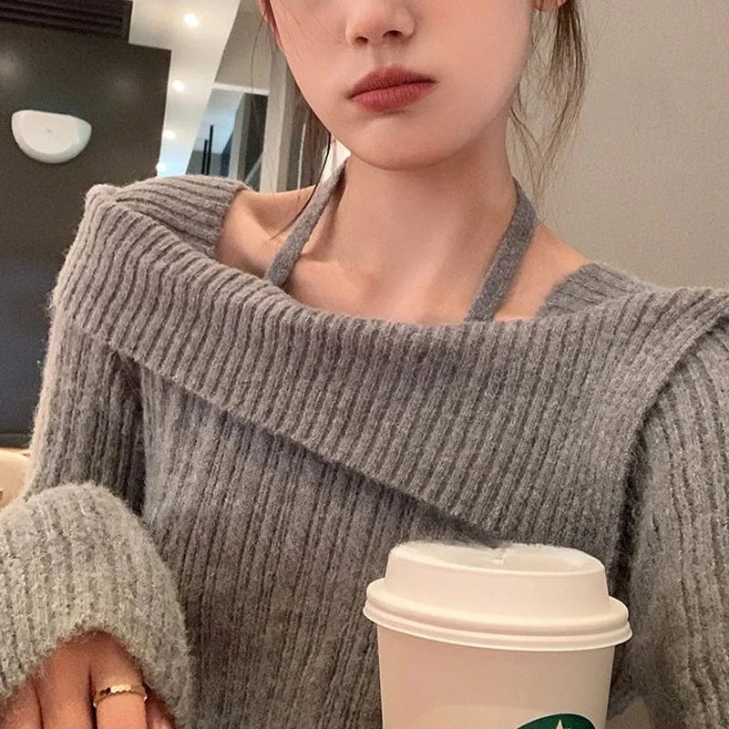 2024 Spring women new arrival long sleeve loose off-shoulder big lapel sexy sweater jumper halter top