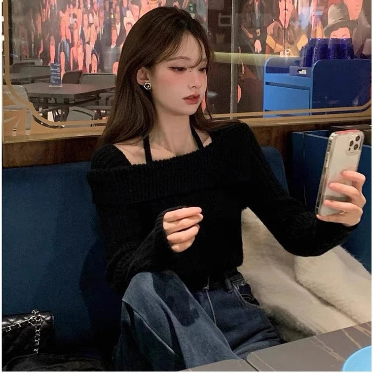 2024 Spring women new arrival long sleeve loose off-shoulder big lapel sexy sweater jumper halter top