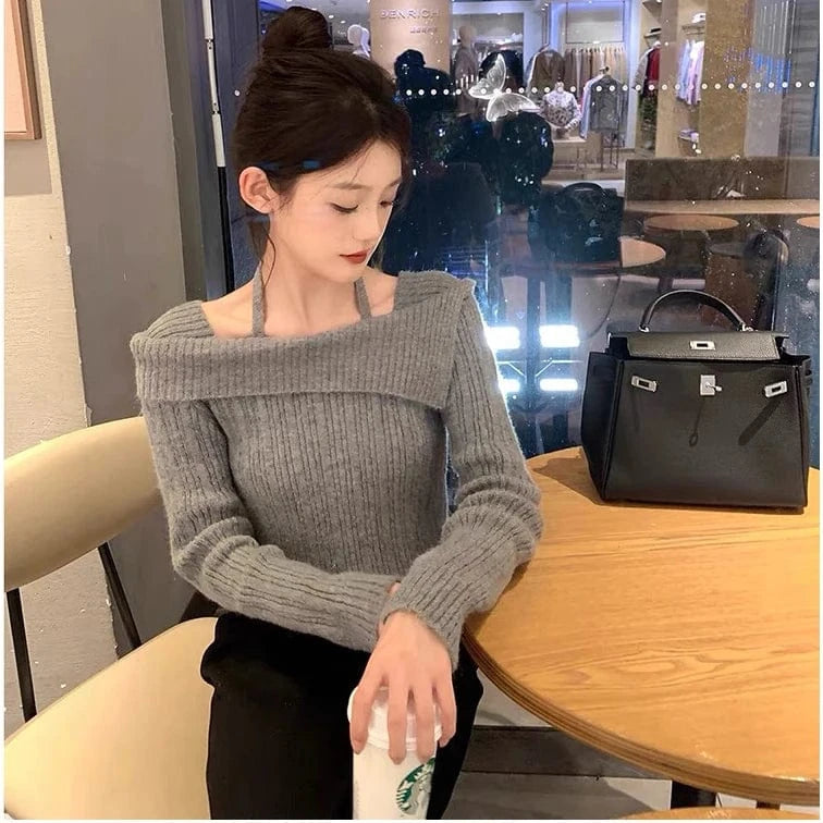 2024 Spring women new arrival long sleeve loose off-shoulder big lapel sexy sweater jumper halter top