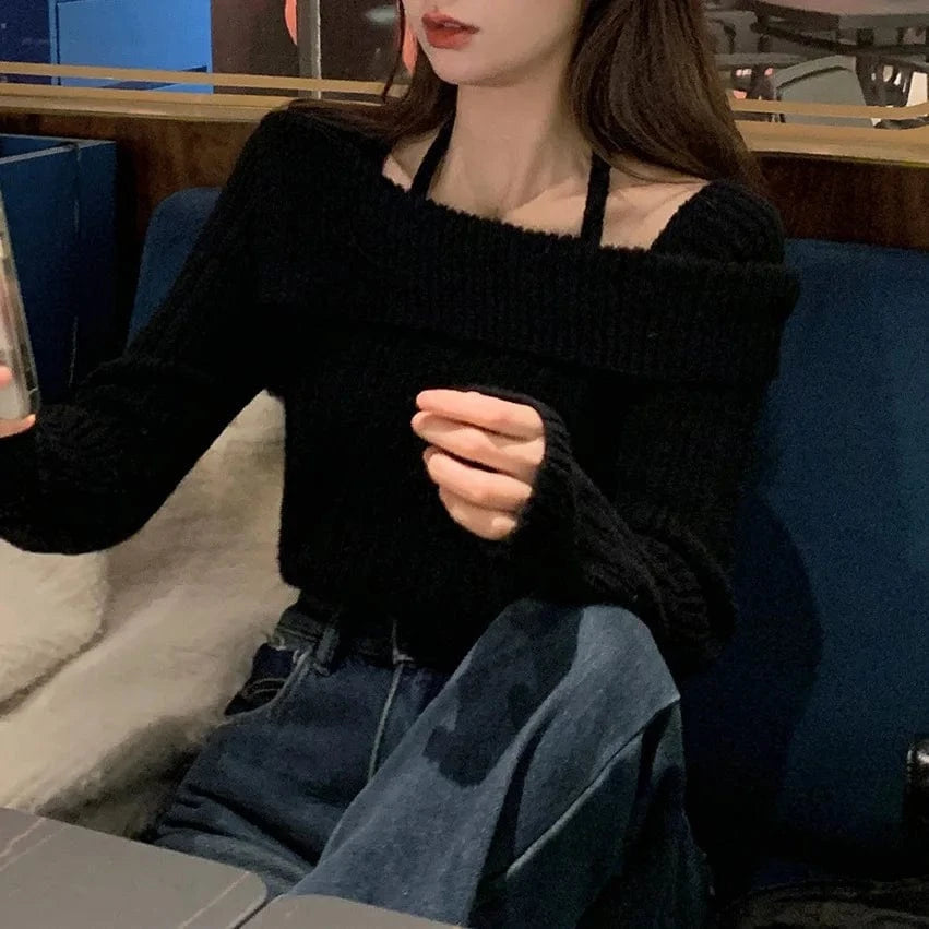 2024 Spring women new arrival long sleeve loose off-shoulder big lapel sexy sweater jumper halter top