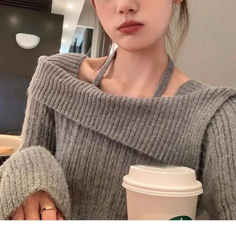 2024 Spring women new arrival long sleeve loose off-shoulder big lapel sexy sweater jumper halter top