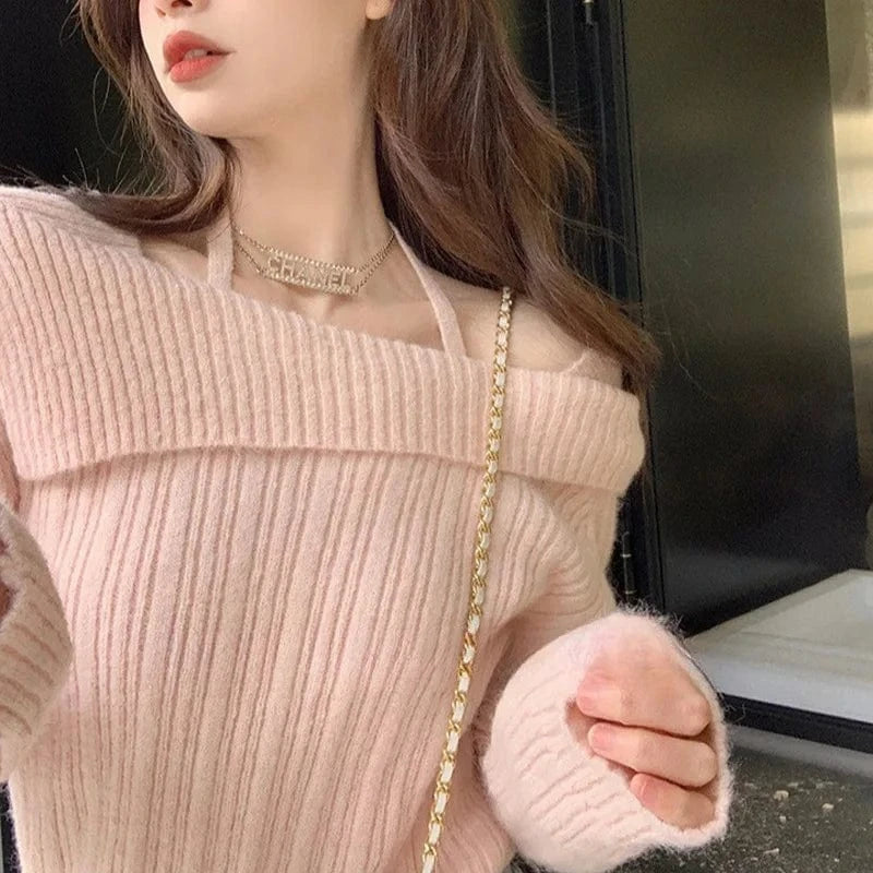 2024 Spring women new arrival long sleeve loose off-shoulder big lapel sexy sweater jumper halter top