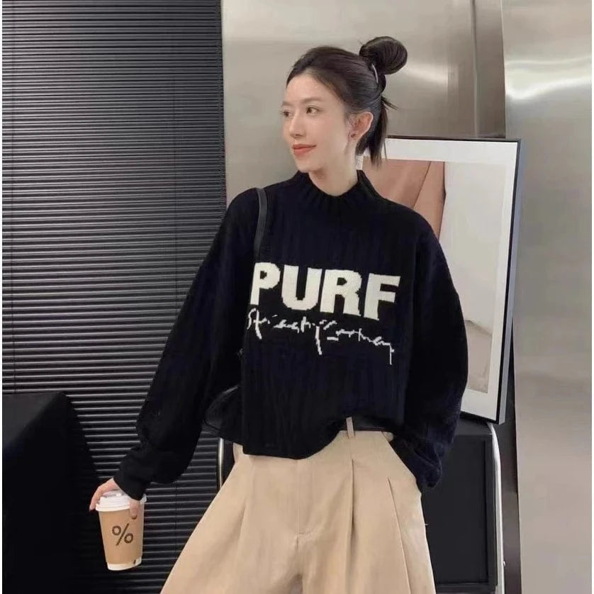 2024 Spring women new arrival mock neck long sleeve loose  letter cable knit pullover sweater jumper