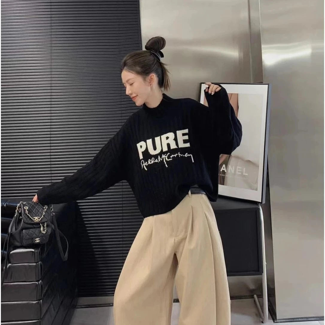 2024 Spring women new arrival mock neck long sleeve loose  letter cable knit pullover sweater jumper