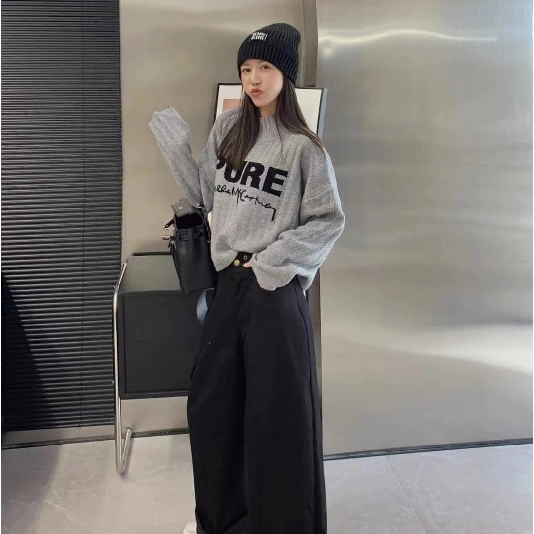 2024 Spring women new arrival mock neck long sleeve loose  letter cable knit pullover sweater jumper