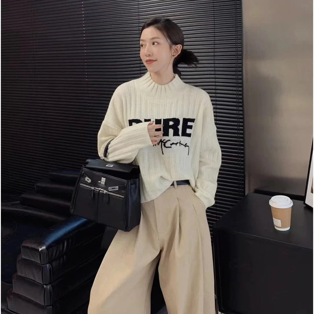 2024 Spring women new arrival mock neck long sleeve loose  letter cable knit pullover sweater jumper