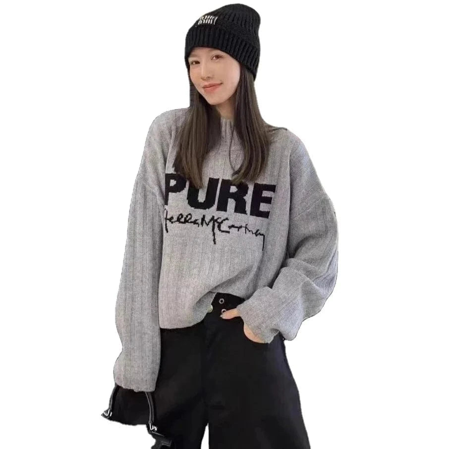 2024 Spring women new arrival mock neck long sleeve loose  letter cable knit pullover sweater jumper