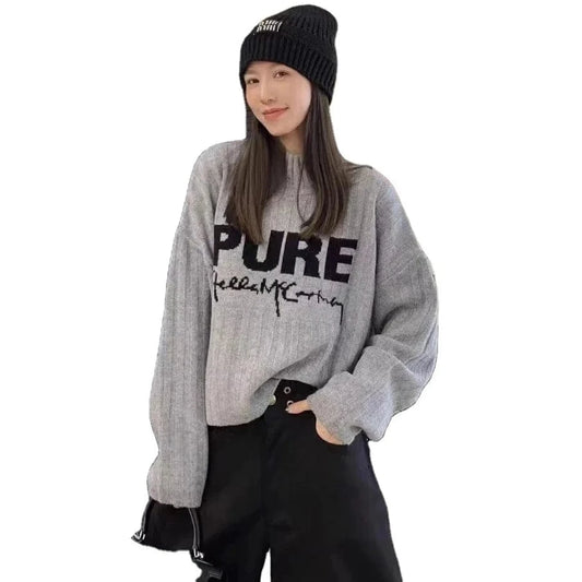 2024 Spring women new arrival mock neck long sleeve loose  letter cable knit pullover sweater jumper