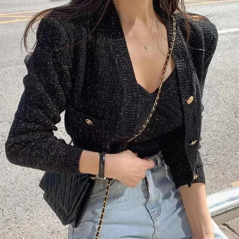2024 Spring women new arrival open chest long sleeve solid cardigan sleeveless and singlet jumper sweater set