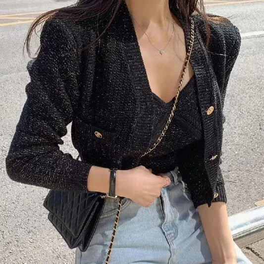 2024 Spring women new arrival open chest long sleeve solid cardigan sleeveless and singlet jumper sweater set