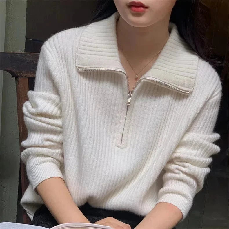2024 Spring women new arrival zipper mock neck long sleeve loose cable knit jumper sweater pullover