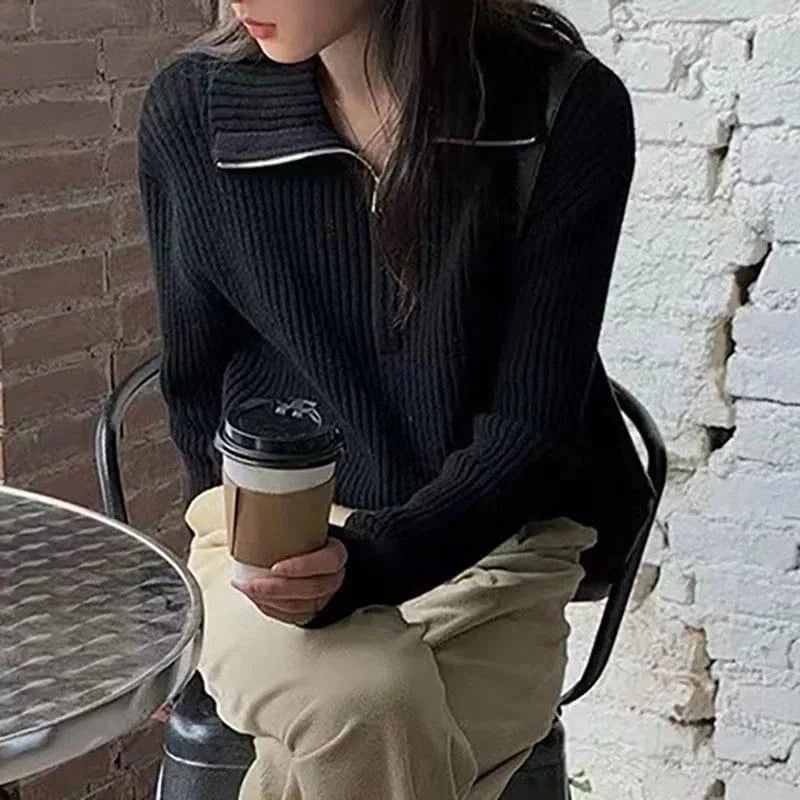 2024 Spring women new arrival zipper mock neck long sleeve loose cable knit jumper sweater pullover