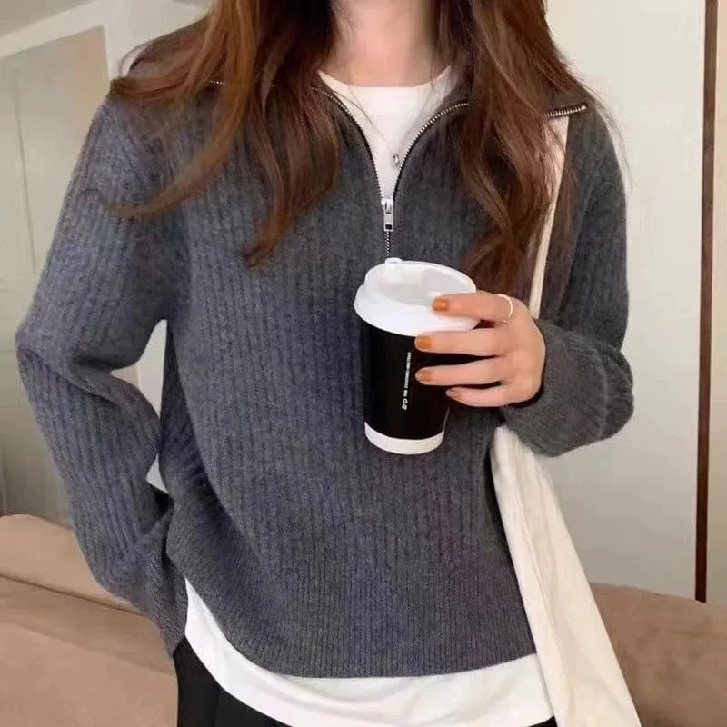 2024 Spring women new arrival zipper mock neck long sleeve loose cable knit jumper sweater pullover