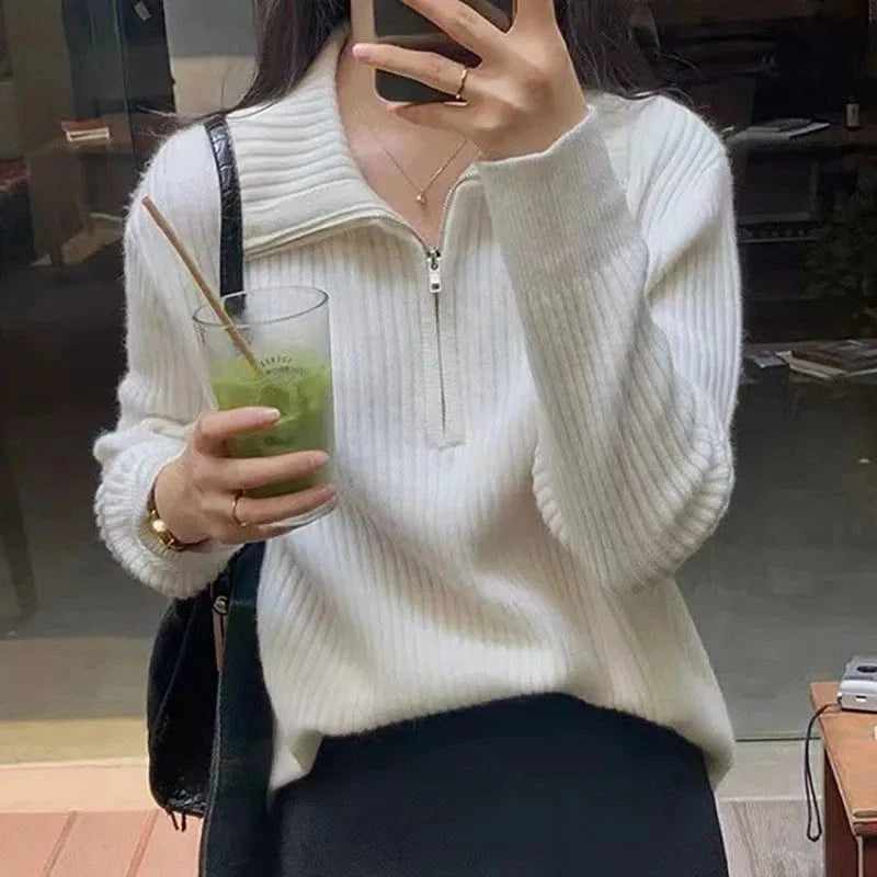 2024 Spring women new arrival zipper mock neck long sleeve loose cable knit jumper sweater pullover