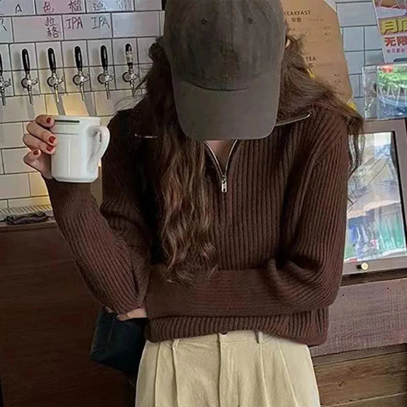 2024 Spring women new arrival zipper mock neck long sleeve loose cable knit jumper sweater pullover