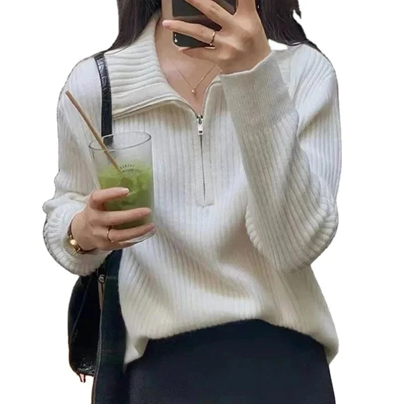 2024 Spring women new arrival zipper mock neck long sleeve loose cable knit jumper sweater pullover