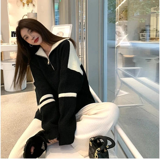 2024 Spring women new arrival zipper polo neck long sleeve loose cable knit jumper sweater pullover