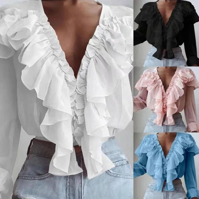 2024 Spring Women Ruffled V-neck Shirts Long sleeve Pullover Chiffon Loose Shirt Lady White Solid Color Tops Blouse Shirt