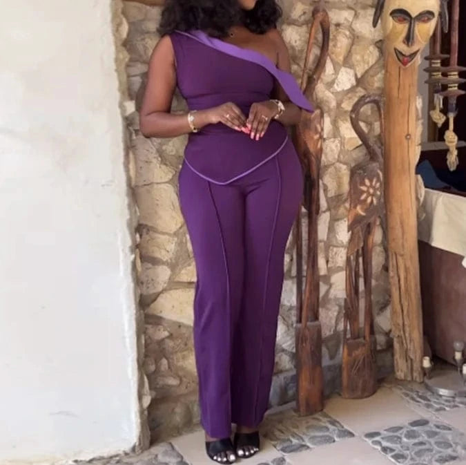 2024 Spring Women's Casual Set Irregular One Shoulder Tops+High Waist Pants Sleeveless Tops 2 Piece Pants Set