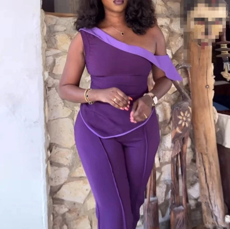 2024 Spring Women's Casual Set Irregular One Shoulder Tops+High Waist Pants Sleeveless Tops 2 Piece Pants Set