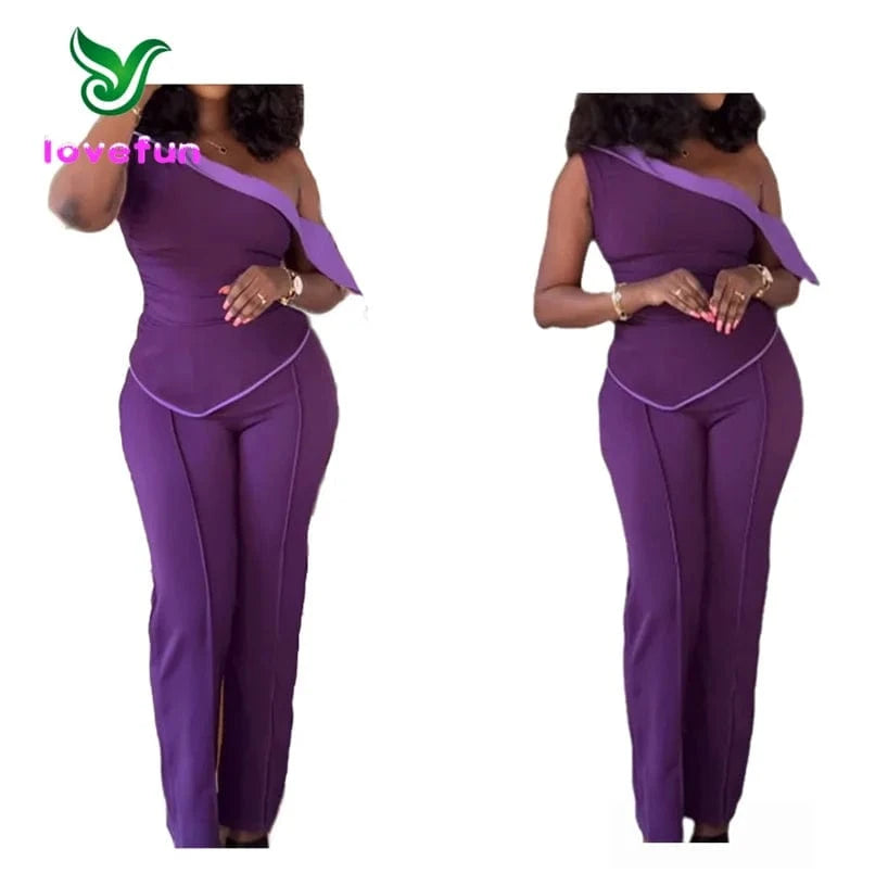 2024 Spring Women's Casual Set Irregular One Shoulder Tops+High Waist Pants Sleeveless Tops 2 Piece Pants Set
