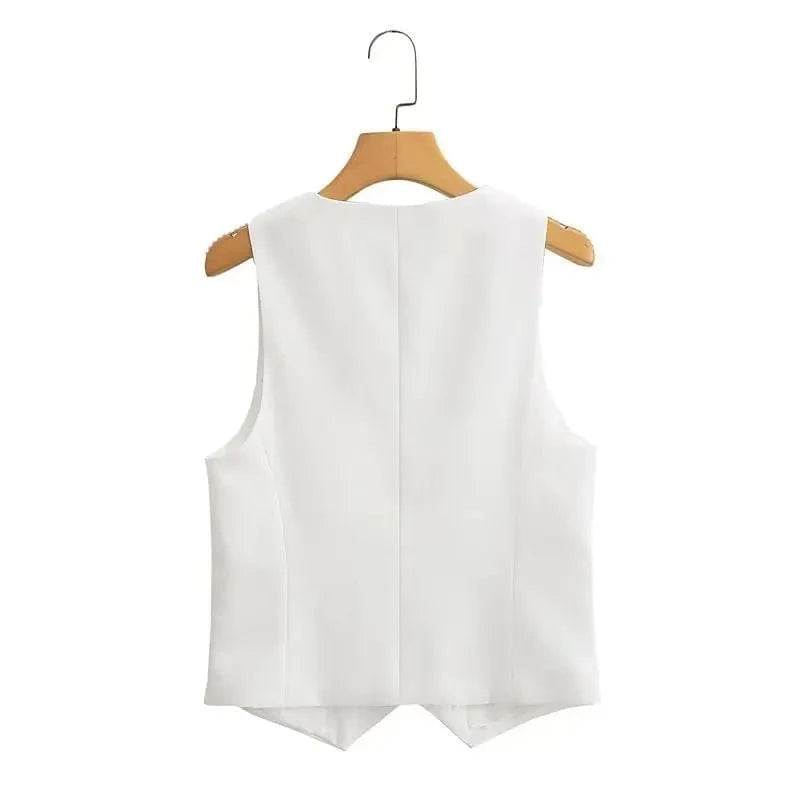 2024 Spring Women's Elegant V-neck Buttoned Slim Short Vest Vest Layered Over Waistcoat Pants Suit 256 257