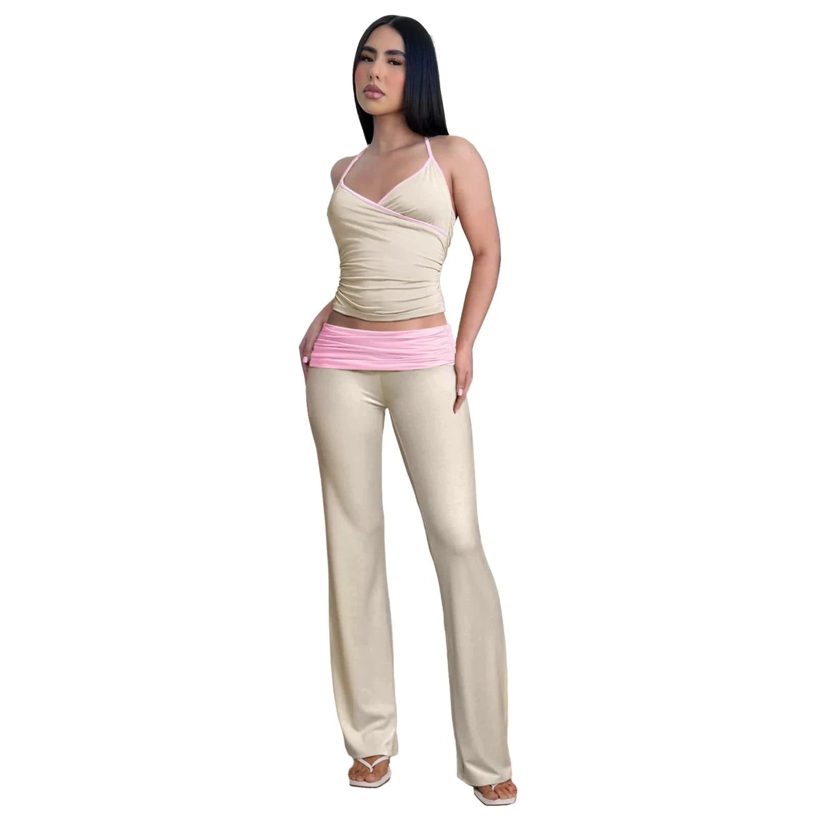 2024 Spring Women's Two Piece Suits Y2k Style Streetwear Clothing Set Square Collar Crop Tops Flare Pant Set