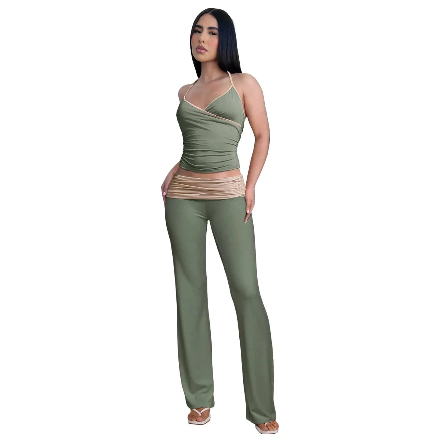2024 Spring Women's Two Piece Suits Y2k Style Streetwear Clothing Set Square Collar Crop Tops Flare Pant Set