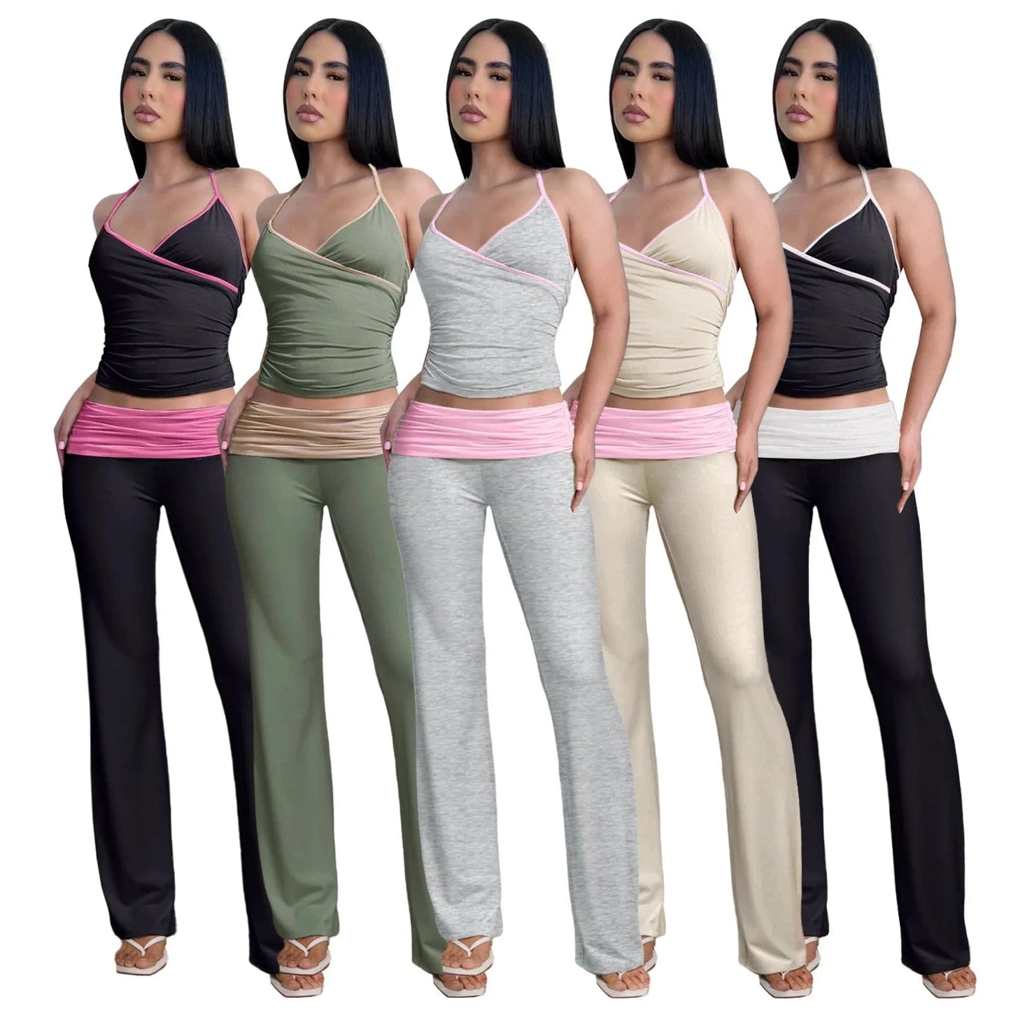 2024 Spring Women's Two Piece Suits Y2k Style Streetwear Clothing Set Square Collar Crop Tops Flare Pant Set