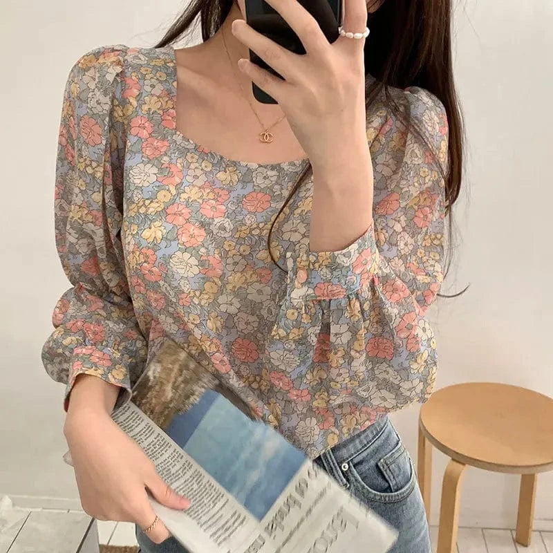 2024 Summer and Autumn New Casual Sweet Fragmented Flower Retro Square Neck Long sleeved Shirt Loose Chiffon Women's Top