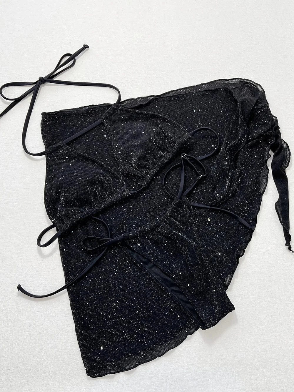 2024 Summer Black Shiny Three Pieces Halter Bikini Set With Mesh Skirt Swimsuit Women Push Up Swimwear Bathing Suits Biquini